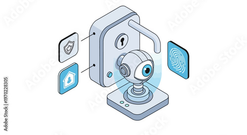 Isometric Smart Home Security System Illustration with Biometric Retinal Scanner, Fingerprint Access, and Digital Protection Icons