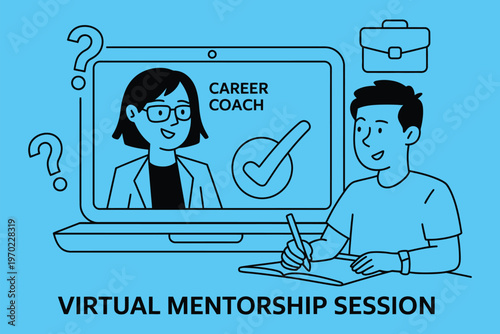 virtual mentorship session vector, depicting a young man receiving career coaching online for skill building and professional growth.