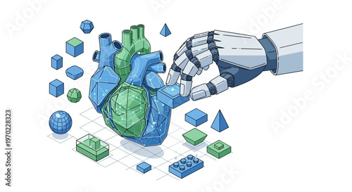 AI Robotic Hand Constructing a Human Heart with Geometric Blocks, Medical Technology Concept, Biotechnology and Cardiac Engineering