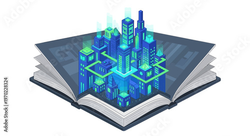 Futuristic Smart City Rising from Open Book Isometric Illustration - Technology and Digital Education Concept