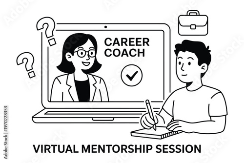 virtual mentorship session vector, depicting a young man receiving career coaching online for skill building and professional growth.