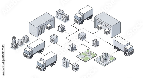 Isometric Supply Chain and Logistics Management Infographic with Delivery Trucks, Warehouses, and Package Distribution Network