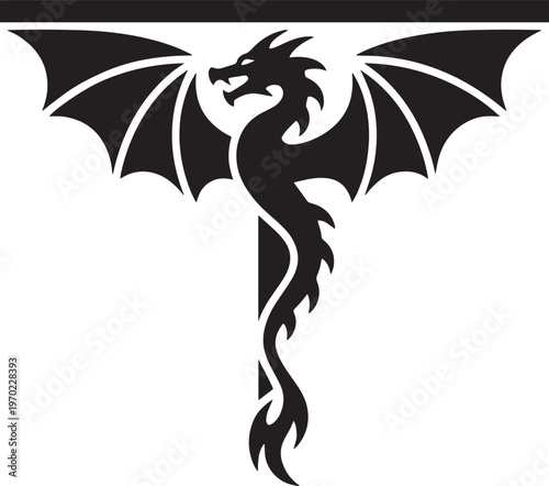 Stylized medieval dragon illustration with outstretched wings in silhouette form