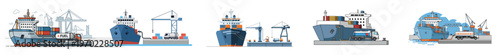 A flat vector illustration of a cargo ship being refueled at a harbor dock, featuring simple industrial shapes, a modern maritime logistics concept, and a white background.