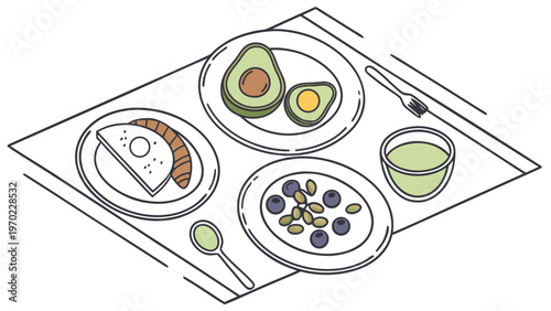 Minimalist healthy meal tray with small portions including avocado, egg, toast and light snacks representing mindful eating, portion control and balanced lifestyle