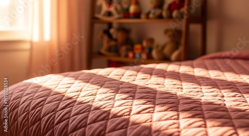 Cozy morning sunlight on neatly made bed with striped blanket in warm bedroom