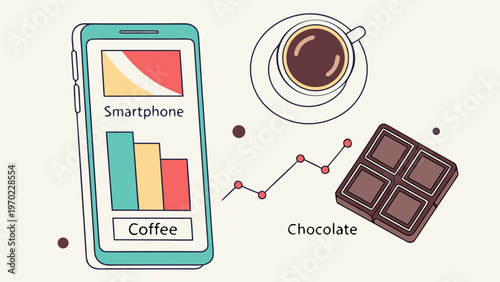 Smartphone tracking coffee and chocolate consumption with small portions representing mindful eating, portion control and modern diet lifestyle with data driven habits