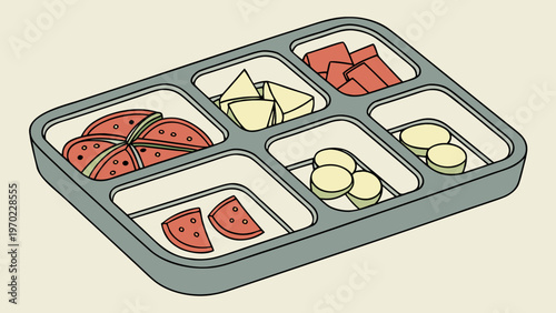 Healthy meal prep tray with small portioned fruits and vegetables representing mindful eating, portion control and balanced diet lifestyle with clean nutrition concept