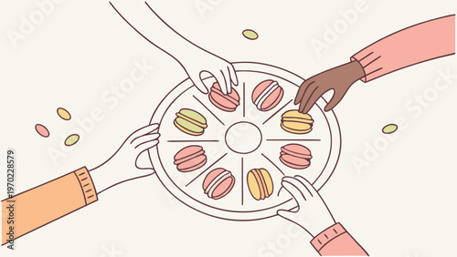 Hands sharing small colorful snacks around plate representing mindful eating, portion control and social balance with guilt free treats and modern lifestyle concept
