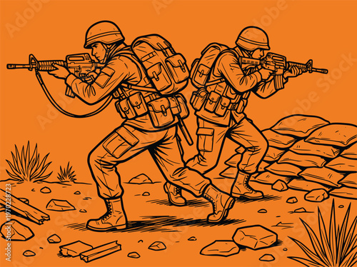 Military Soldiers in Combat Action Drawing