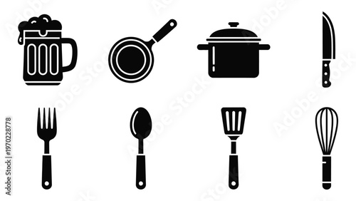 A collection of black kitchen utensils including a mug pans and cutlery presented as a striking silhouette high quality professional detailed
