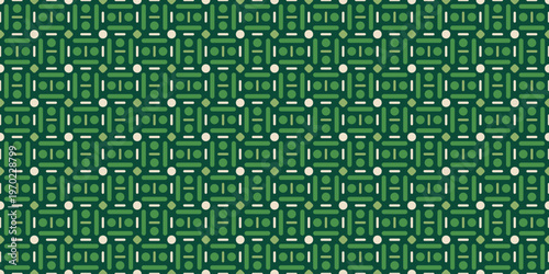 Geometric Repeating Green Olive Shape Pattern with Circles and Lines Background
