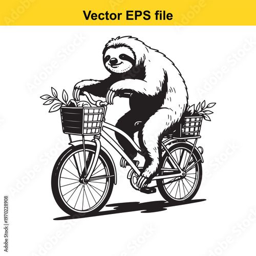 A sloth riding a bicycle with baskets on the handlebars and rear