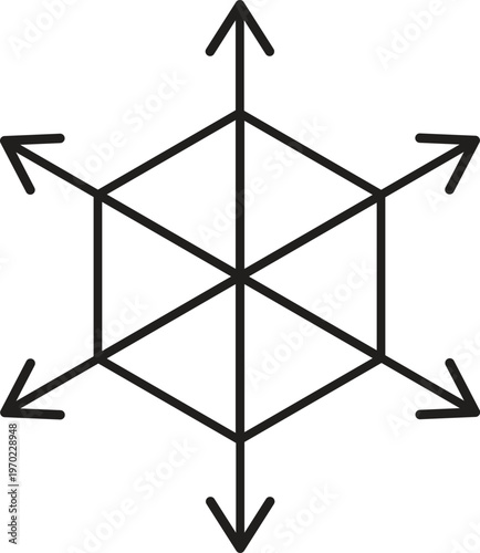 Black line art icon of a hexagon with arrows pointing outwards from each vertex on white background.