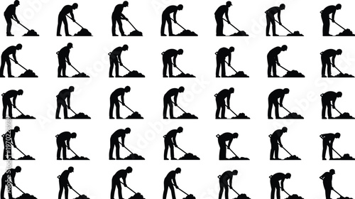 Construction worker digging silhouettes set showing repetitive labor actions with shovel isolated on white background industrial work concept vector illustration collection
