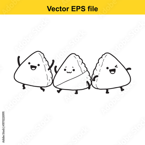 Three cartoon dumplings dancing together happily