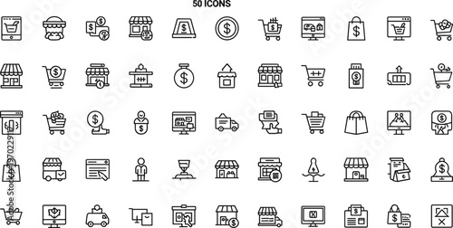 Retail shopping and ecommerce line icon set featuring store cart payment delivery marketplace outline vector collection