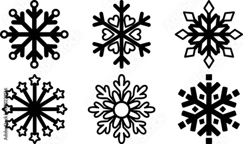 Black and white snowflake vector art set with hearts stars and diamonds