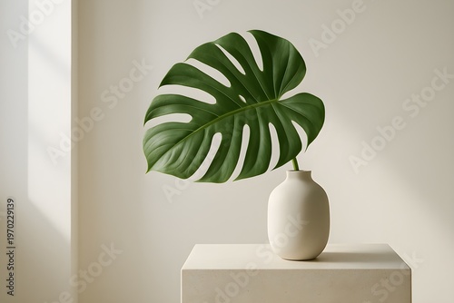 Monstera Leaf in White Vase with Sunlight Shadows