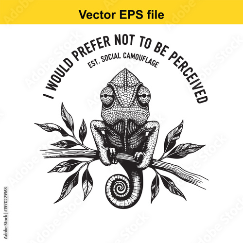 A black and white image of a chameleon with a quote about social camouflage