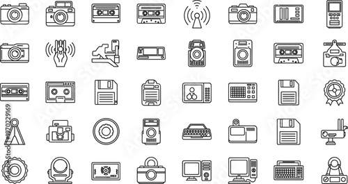 Retro technology and media devices outline icon set with cameras cassette tape radio computer and vintage electronics symbols