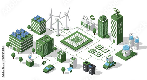 An isometric illustration depicting a smart city powered by renewable energy sources and advanced technology, showcasing sustainable urban development.