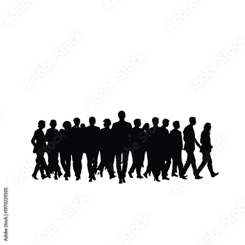 A dense group of black silhouettes of many business individuals walking towards the viewer in a unified mass, conveying a sense of collective effort and ambition.
