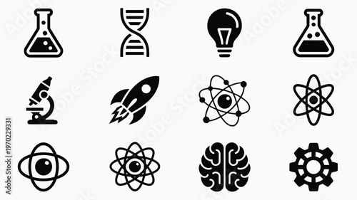 Minimalist black and white icons of science technology and innovation symbols in a clean modern design for education and research