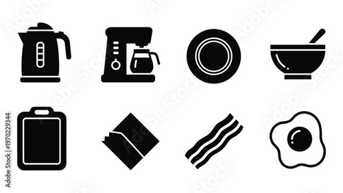 A collection of black kitchen items including a kettle coffee maker plate and fried egg silhouette high quality professional detailed modern