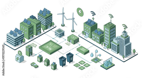 Isometric illustration depicting a smart city powered by renewable energy sources and advanced technology, showcasing sustainable urban development.