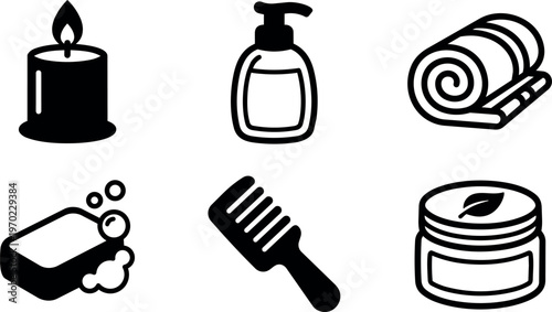 Black and white spa essentials set with candle soap comb and towel