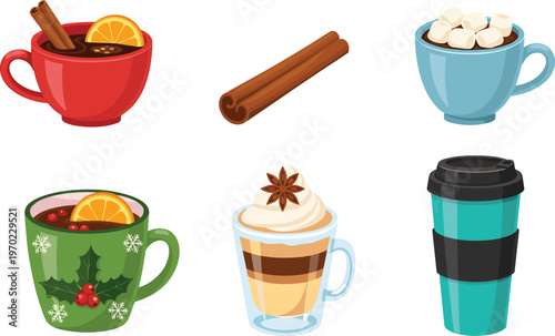 Winter hot drinks collection with coffee, tea, cocoa, marshmallows and spices isolated on white background cozy beverage vector illustration set