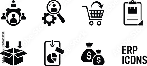 ERP business management icon set, enterprise resource planning vector, corporate software silhouette collection illustration