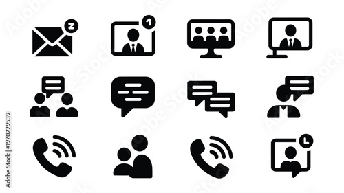 Black minimalist icons for business communication including email chat phone calls and video conferencing