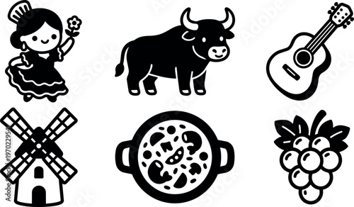 Black and white line art spanish girl bull guitar paella grapes and windmill icons