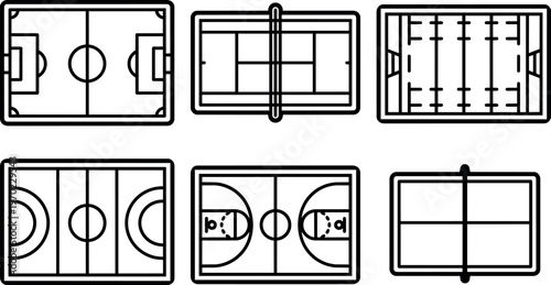 Black and white line art sports field and court icons vector set