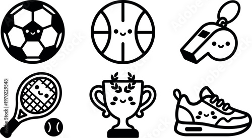 Black and white cute sports icons football basketball whistle tennis racket trophy sneaker