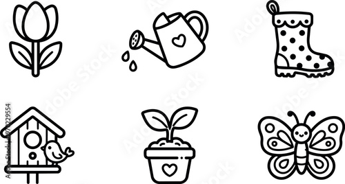 Black and white line art garden icons with flower watering can boot birdhouse and butterfly