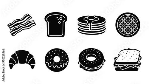 A collection of breakfast foods including bacon bread pancakes and pastries presented as black shapes silhouette high quality professional detailed modern