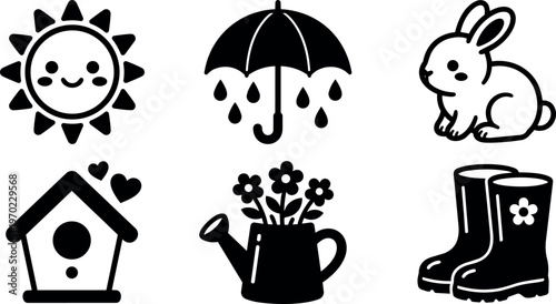 Black and white cute bunny umbrella watering can and sun icons set