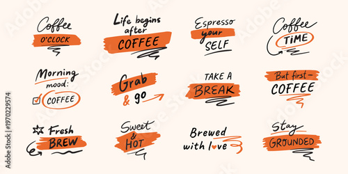 Coffee doodle lettering hand drawn icon set. Cute coffee design lettering elements for menu design isolated on white background.