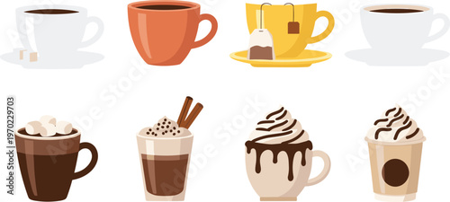 Coffee and tea cups collection with hot chocolate, whipped cream drinks and teabags isolated on white background vector illustration set