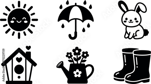 Black and white cute spring icons sun umbrella rabbit birdhouse watering can boots