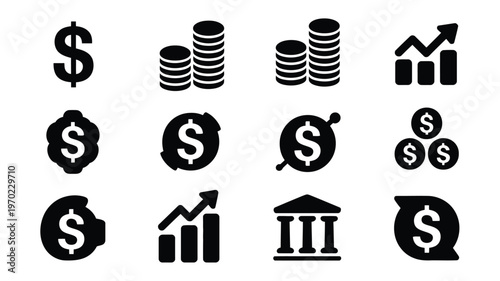 Financial and business silhouette icons featuring dollar symbols coins bar graphs and economic growth charts in a clean minimalist design
