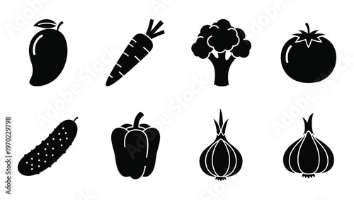 A collection of fresh produce including mango carrot broccoli tomato cucumber pepper onion and garlic silhouette high quality professional detailed modern