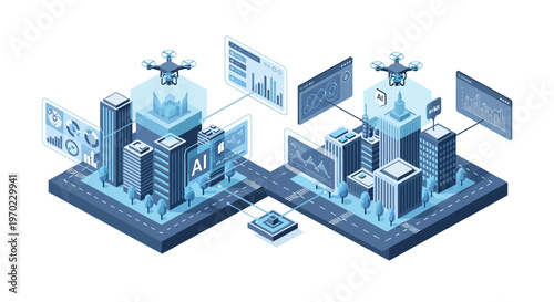 Futuristic smart city concept with AI, drones, and data analytics visualized in an isometric digital illustration.