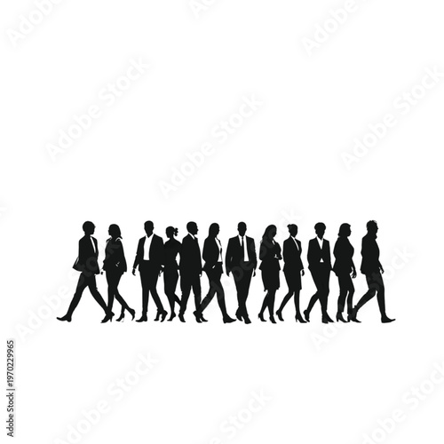 A procession of thirteen business professionals' silhouettes move in unison, representing a unified workforce and collective drive towards shared objectives.