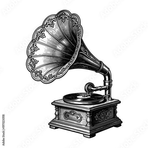 Antique brass gramophone acoustic horn etching jazz illustration