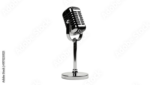 Bild auf Leinwand Isolated classic vintage chrome microphone on stand for music, radio, and broadc