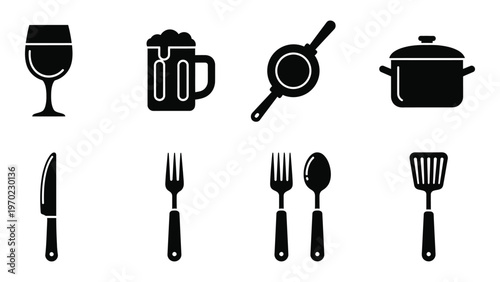 A collection of black silhouettes depicting kitchenware including glasses cookware and utensils on a white background silhouette high quality professional detailed